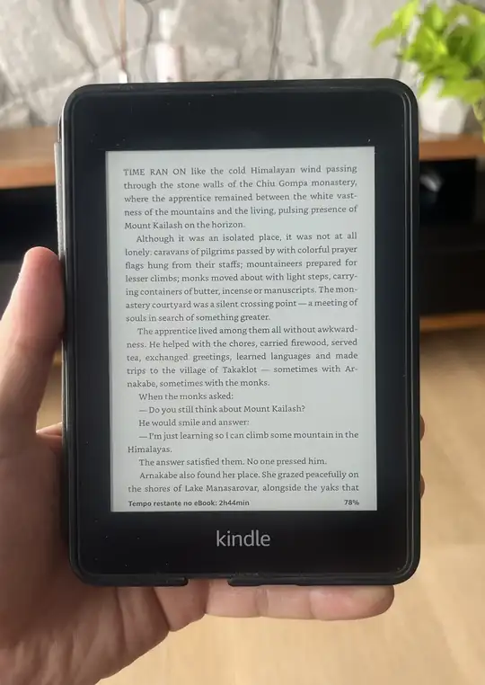 Reader holding a Kindle with a page from Kill Your Dreams