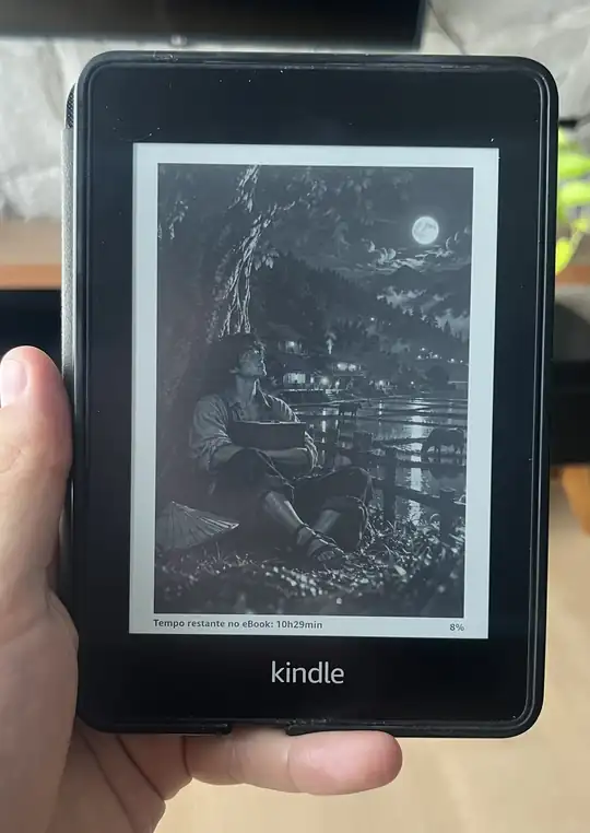 Ilustración del aprendiz bajo la luna en la pantalla de un Kindle