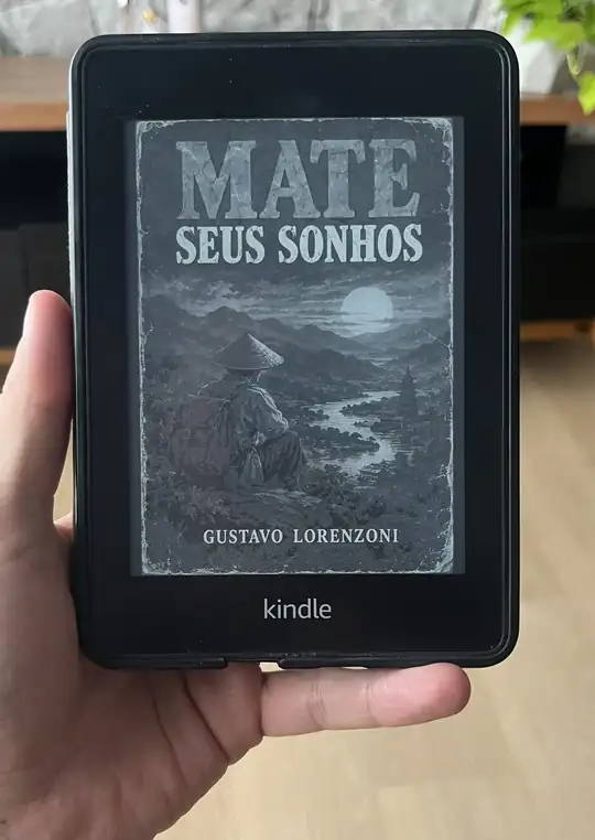 Capa de Mate Seus Sonhos exibida em tons de cinza na tela de um Kindle