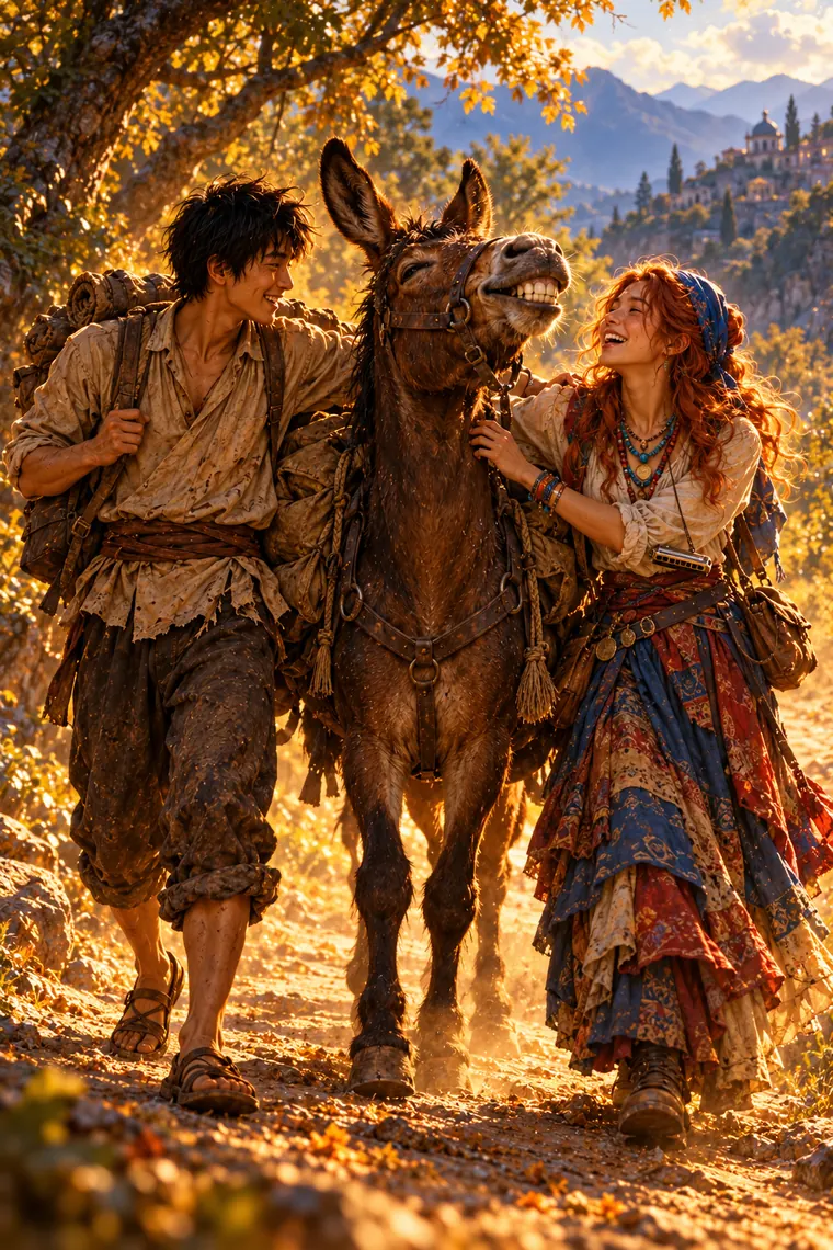 O aprendiz, Xiaodan e a mula Arnakabe sorrindo na estrada