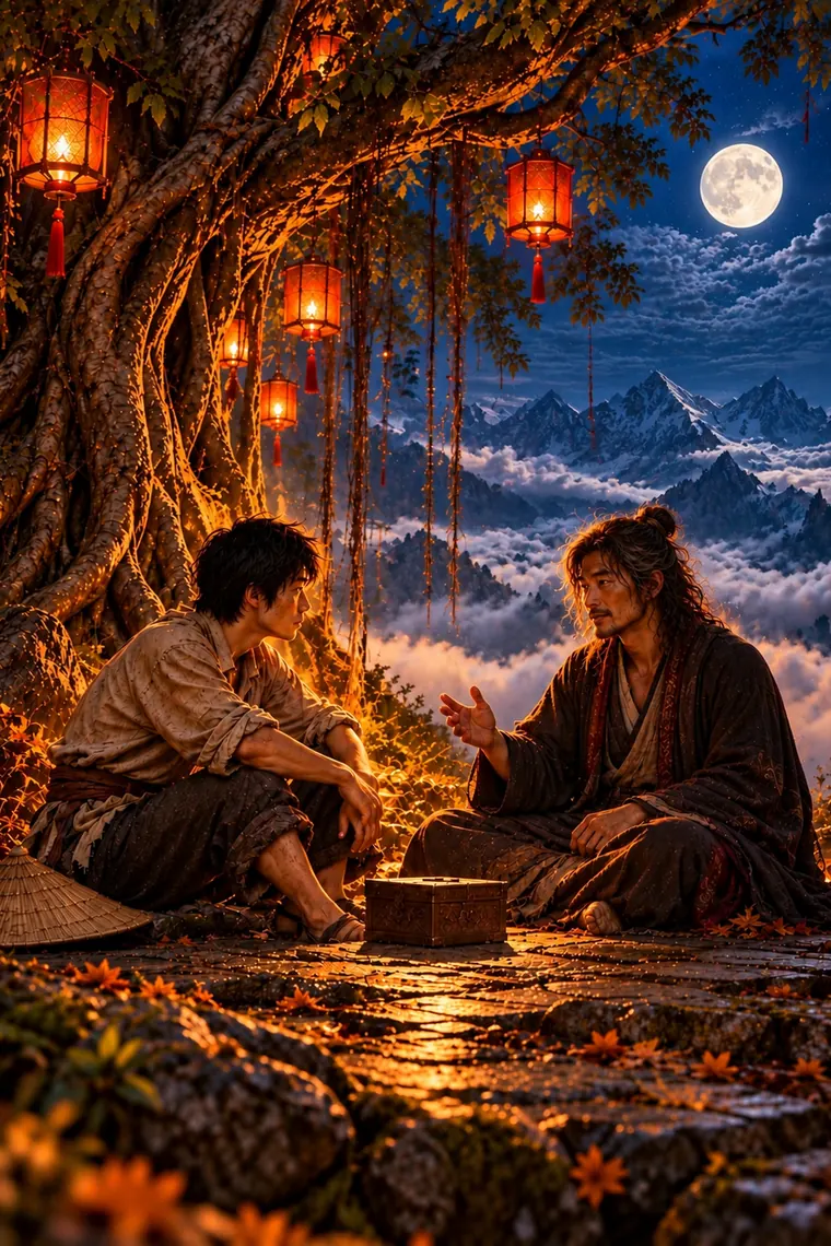 The apprentice and the master talking under the Sacred Fig Tree at night