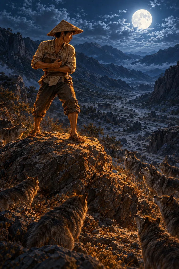 The apprentice on a rock at night, surrounded by wolves