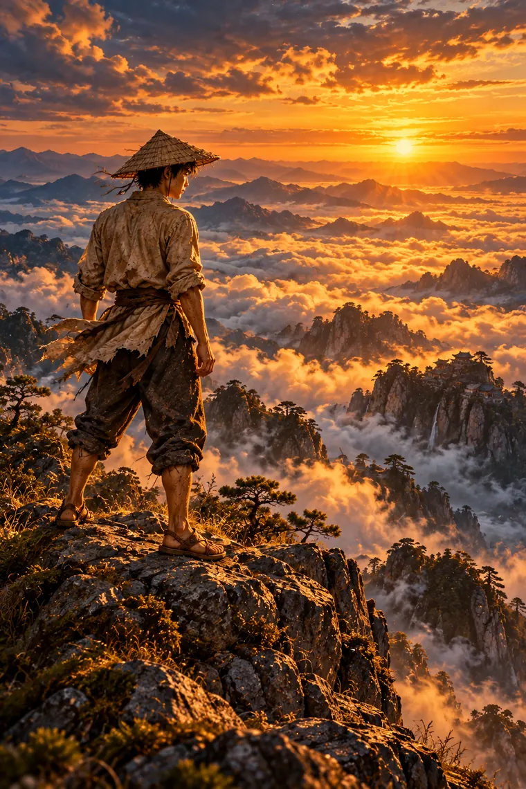 Aprendiz no alto do Monte Emei, ao pôr do sol