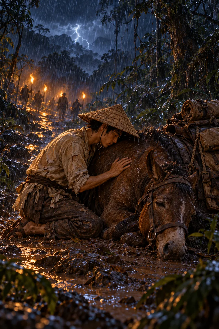 Na tempestade, o aprendiz abraça Arnakabe caída enquanto tochas se aproximam