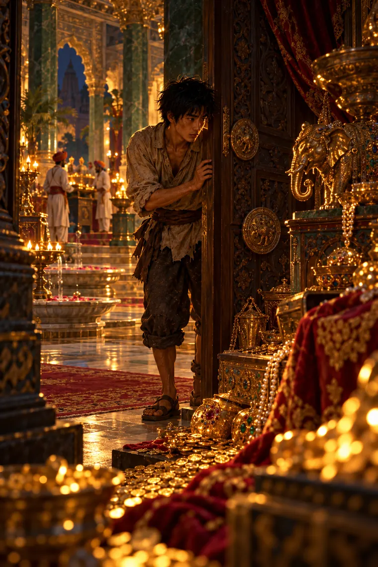 The apprentice peeking into a room full of gold in the maharaja's palace