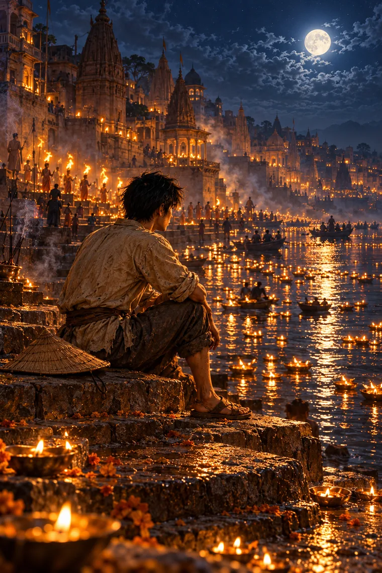 The apprentice sitting by the Ganges in Varanasi among oil lamps